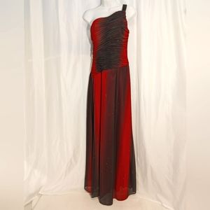 Juno One-Shoulder Prom Dress, Red/Black with Glitter, Size Small
